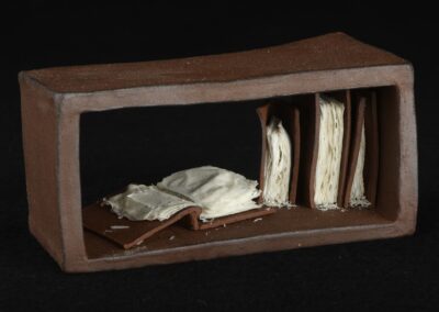 Une brique en argile qui ressemble a une case d'étagère de bibliothèque. Dedans des livres en argile avec des pages qui s'effritent.